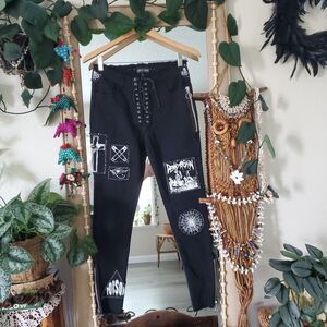DOLLS KILL Current Mood Stitch B!tch Lace Up Patch Black Skinny Jeans Women's L